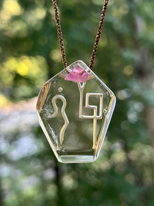 Hovave Art - Water Clear African Citrine Necklace with Pink Tourmaline Accent and Divine Feminine & Sacred Masculine Symbols - 24 inch popcorn chain