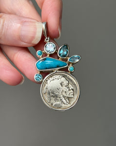 One of a kind - Genuine Buffalo/Native American Head Nickle, Blue Topaz & Nacozari Turquoise pendant