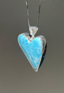 Collectors Drop - 75 carat Top Quality Larimar Heart necklace with 18 inch box chain