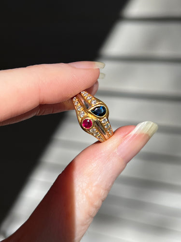 Solid 18k yellow gold natural earth mined Diamond, Ruby & Sapphire piece
