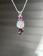 Load image into Gallery viewer, Clear Quartz Super Nova necklace with Purple Sapphire and RARE Gray Tourmaline Pear