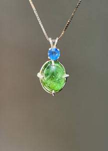 One of a kind - Sparkly Rutile included Gem Green Tourmaline necklace with Vibrant Blue Sapphire