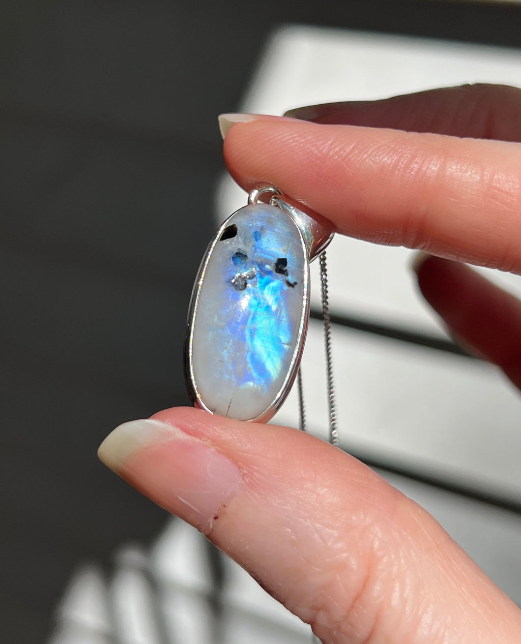 Full flash Rainbow Moonstone pendant with Black Tourmaline