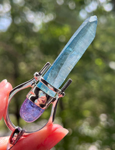 Collectors Drop - Aqua Aura Lemurian Quartz crystal pendant with 18.5 carat Tanzanite