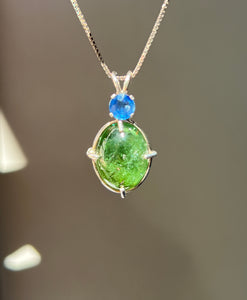 One of a kind - Sparkly Rutile included Gem Green Tourmaline necklace with Vibrant Blue Sapphire