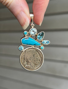 One of a kind - Genuine Buffalo/Native American Head Nickle, Blue Topaz & Nacozari Turquoise pendant