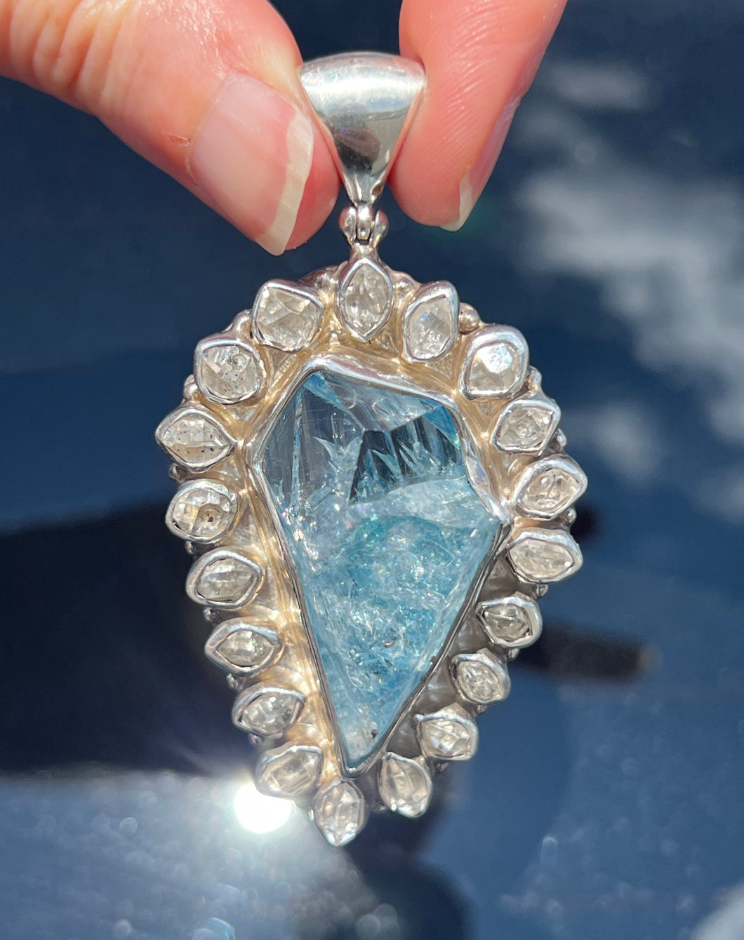 Collectors Drop - 64.7 carat Electric Aqua Aura Danburite with naturally double terminated Herkimer Diamonds 19 in total - Pendant