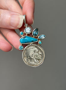 One of a kind - Genuine Buffalo/Native American Head Nickle, Blue Topaz & Nacozari Turquoise pendant