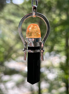 Collectors Drop - Naturally Terminated Black Tourmaline crystal pendant with Glowing Imperial Topaz