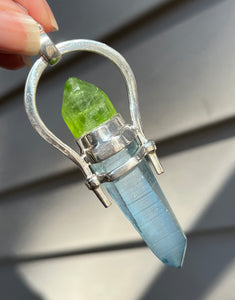 Aqua Aura Lemurian Quartz point pendant with Electric Peridot