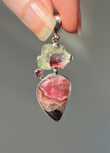 Watermelon Tourmaline slice pendant with Gem Pink Cobalto Calcite and Pink Tourmaline