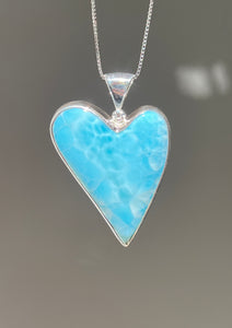 Collectors Drop - 75 carat Top Quality Larimar Heart necklace with 18 inch box chain