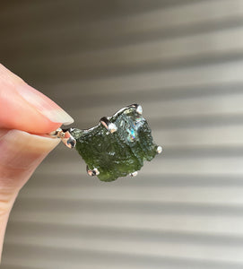 Raw genuine Czech Moldavite diamond shaped pendant with rainbows