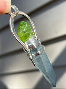 Aqua Aura Lemurian Quartz point pendant with Electric Peridot