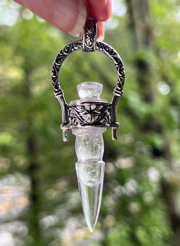 Carved Clear Quartz Phurba Dagger pendant with Fairy Frost