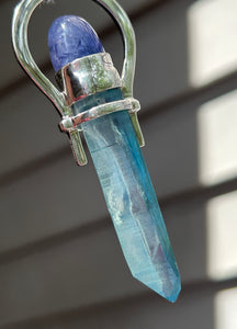 Collectors Drop - Aqua Aura Lemurian Quartz crystal pendant with 18.5 carat Tanzanite