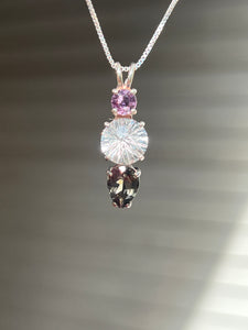 Clear Quartz Super Nova necklace with Purple Sapphire and RARE Gray Tourmaline Pear