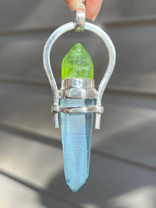 Aqua Aura Lemurian Quartz point pendant with Electric Peridot