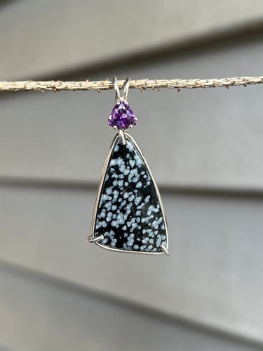 Freeform Snowflake Obsidian pendant with trillion Amethyst
