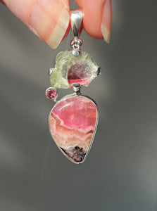 Watermelon Tourmaline slice pendant with Gem Pink Cobalto Calcite and Pink Tourmaline