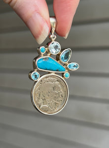 One of a kind - Genuine Buffalo/Native American Head Nickle, Blue Topaz & Nacozari Turquoise pendant