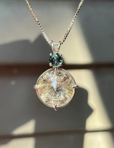 XL Rutile Quartz Radiant Heart necklace with color change Blue and Green Sapphire