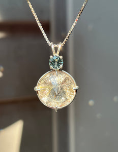 XL Rutile Quartz Radiant Heart necklace with color change Blue and Green Sapphire