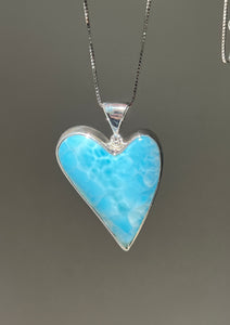 Collectors Drop - 75 carat Top Quality Larimar Heart necklace with 18 inch box chain