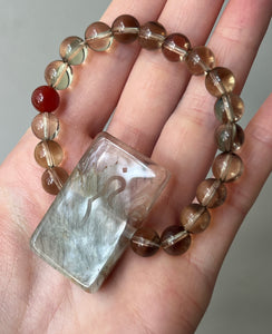 Hovave Art - Natural Water Clear Citrine, Carnelian and Amphibole Angel Phantom Quartz bracelet with channeled Sacred Masculine & Divine Feminine Symbols