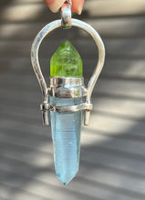 Load image into Gallery viewer, Aqua Aura Lemurian Quartz point pendant with Electric Peridot