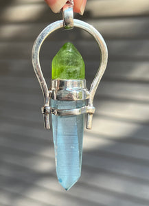 Aqua Aura Lemurian Quartz point pendant with Electric Peridot