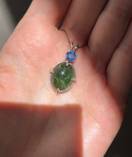 Load image into Gallery viewer, One of a kind - Sparkly Rutile included Gem Green Tourmaline necklace with Vibrant Blue Sapphire