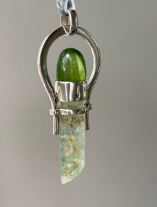 Collectors Drop - Heliodor crystal pendant with Rare Peridot with Ludwigite Inclusions