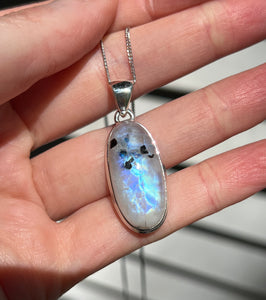 Full flash Rainbow Moonstone pendant with Black Tourmaline