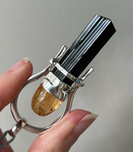 Load image into Gallery viewer, Collectors Drop - Naturally Terminated Black Tourmaline crystal pendant with Glowing Imperial Topaz