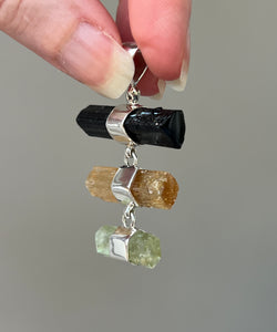 Black Tourmaline, Imperial Topaz & Heliodor trilogy drop pendant