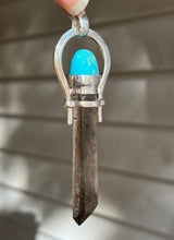 Load image into Gallery viewer, Etched Smoky Quartz pendant with Arizona Turquoise