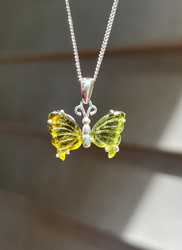 Carved Mint Green & Yellow Tourmaline Butterfly wings pendant