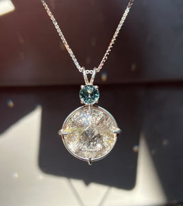 XL Rutile Quartz Radiant Heart necklace with color change Blue and Green Sapphire