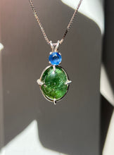 Load image into Gallery viewer, One of a kind - Sparkly Rutile included Gem Green Tourmaline necklace with Vibrant Blue Sapphire