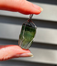 Load image into Gallery viewer, 8.5g Blue capped Rainbow Tourmaline Wire Wrapped pendant (Indicolite, Green &amp; Lilac Tourmaline)