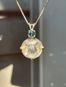 XL Rutile Quartz Radiant Heart necklace with color change Blue and Green Sapphire