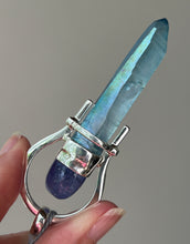 Load image into Gallery viewer, Collectors Drop - Aqua Aura Lemurian Quartz crystal pendant with 18.5 carat Tanzanite