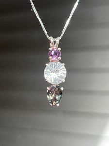 Clear Quartz Super Nova necklace with Purple Sapphire and RARE Gray Tourmaline Pear