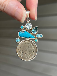 One of a kind - Genuine Buffalo/Native American Head Nickle, Blue Topaz & Nacozari Turquoise pendant