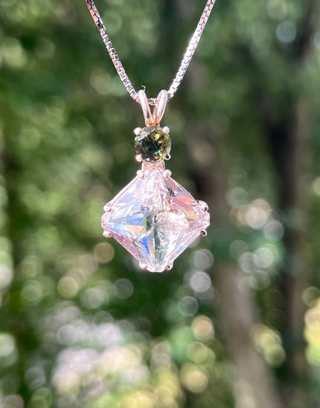 Danburite Magician Stone necklace with RARE Inner Child and Moldavite Crown