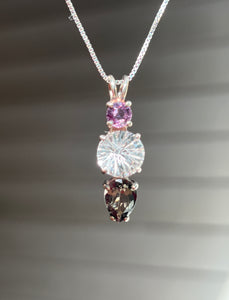 Clear Quartz Super Nova necklace with Purple Sapphire and RARE Gray Tourmaline Pear