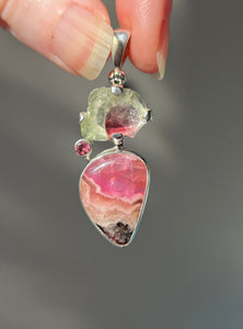 Watermelon Tourmaline slice pendant with Gem Pink Cobalto Calcite and Pink Tourmaline