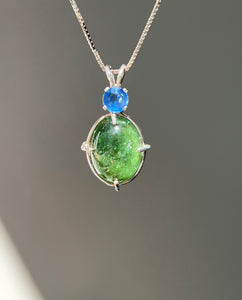 One of a kind - Sparkly Rutile included Gem Green Tourmaline necklace with Vibrant Blue Sapphire