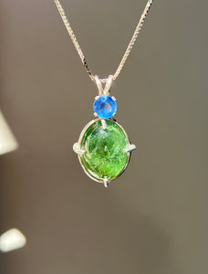 One of a kind - Sparkly Rutile included Gem Green Tourmaline necklace with Vibrant Blue Sapphire